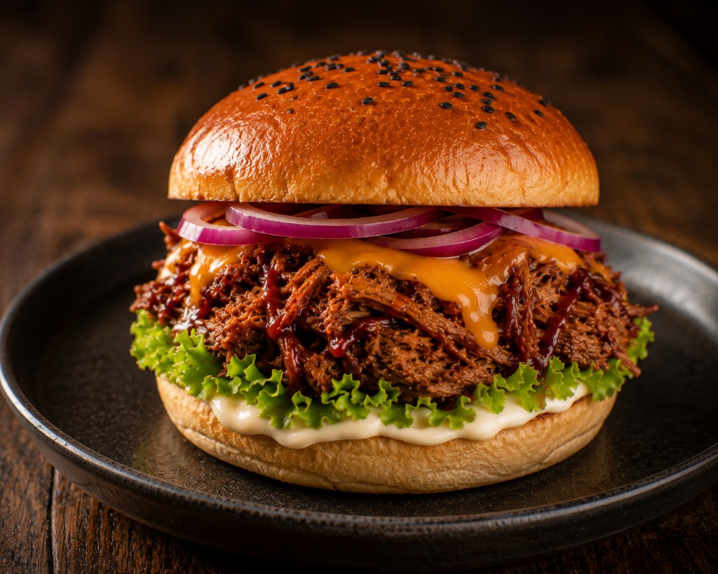 Pulled Pork Burger + hranolky